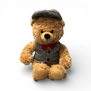 GANZ Plush Teddy Bear REGGIE H13846 Houndstooth Vest & Newsboy Cap Red Bow Tie